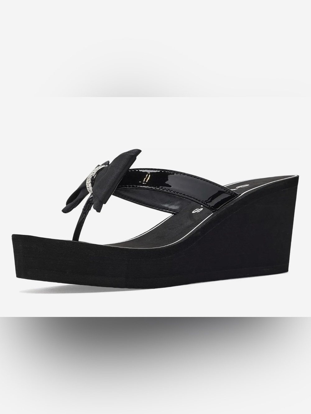Black Wedge Flip-Flop Sandals with Bow and Rhinestone Accent Size 9